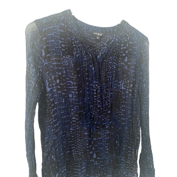 LUCKY BRAND PLEATED PRINT TOP BLUE/MULTI SEMI-SHEER SIZE SMALL - Picture 3 of 9